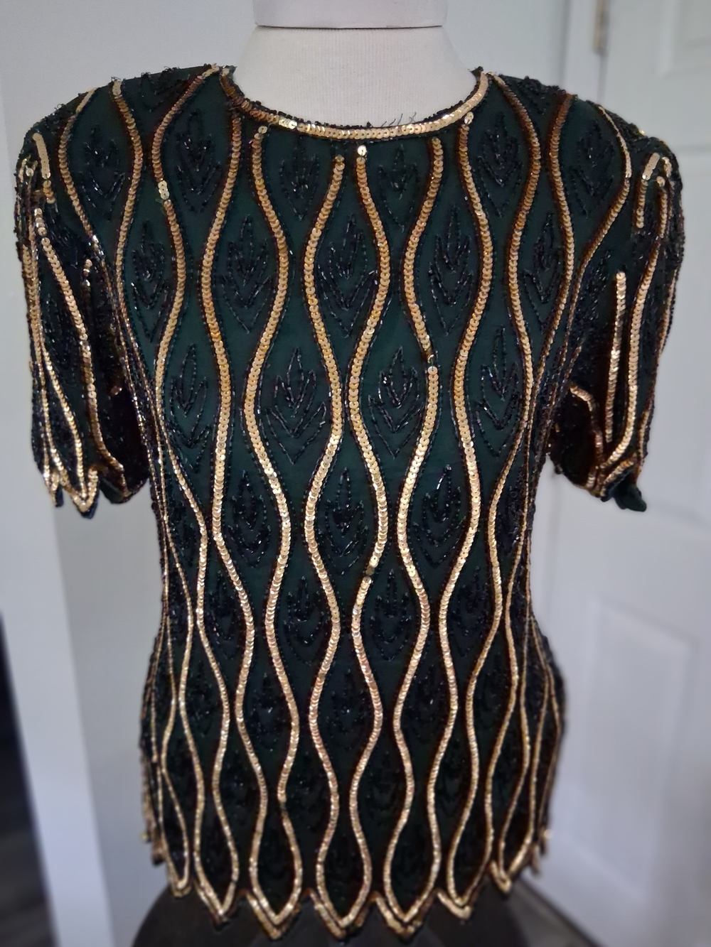 Stenay Emerald Green and Gold Beaded Short Sleeve Top